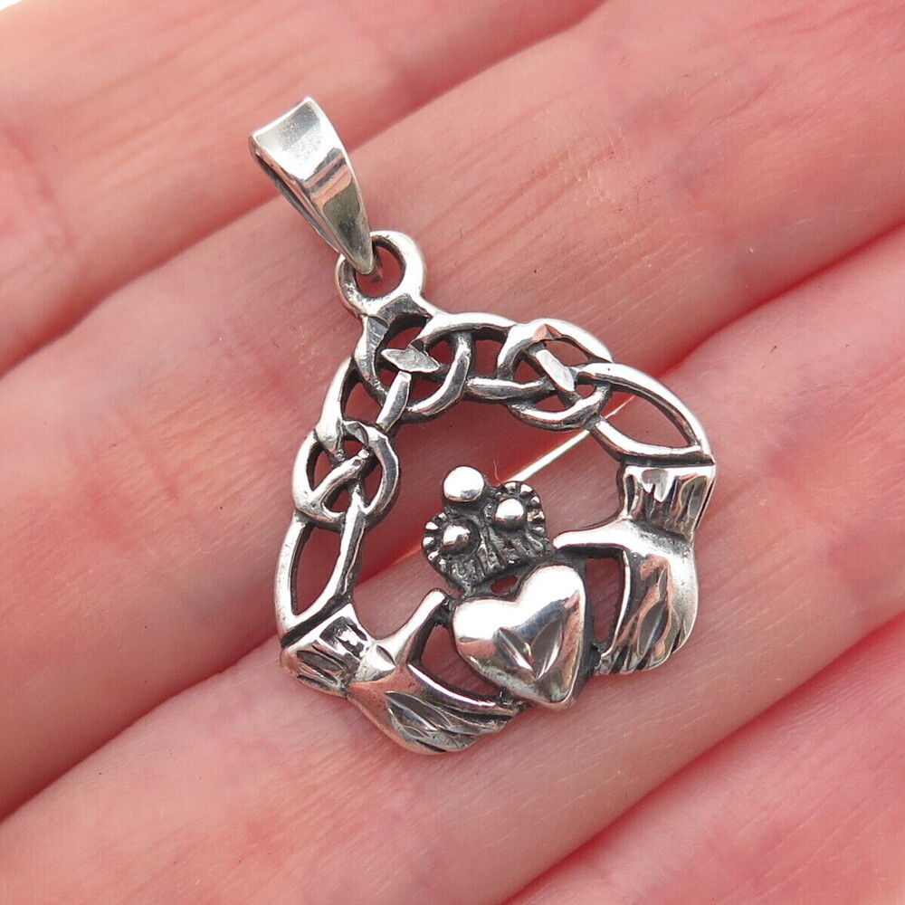 925 Sterling Silver Vintage Irish Claddagh Oxidized Charm Pendant